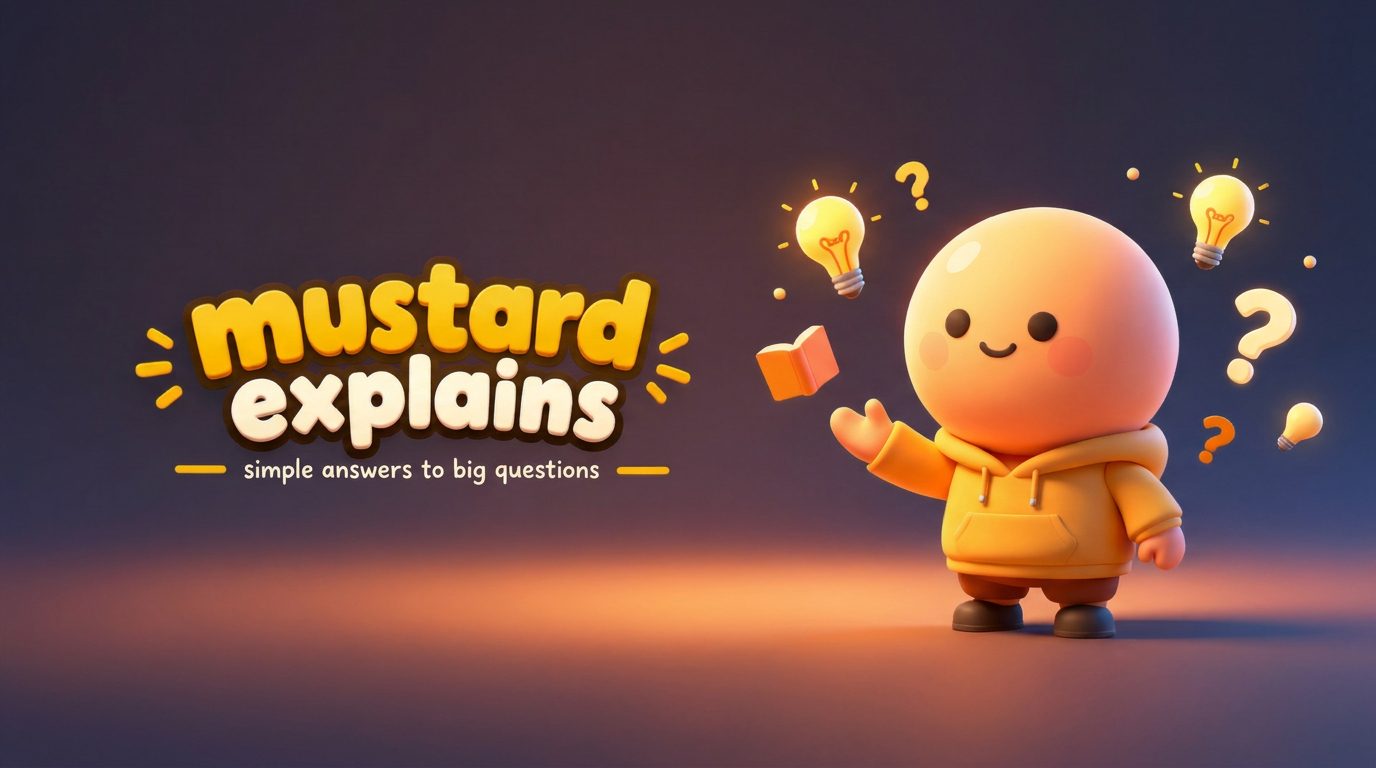 Mustard, a cartoon character in a yellow hoodie, next to the Mustard Explains logo: simple answers to big questions